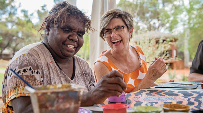 People painting indigenous art with their hands  | Voyages Indigenous Tourism 