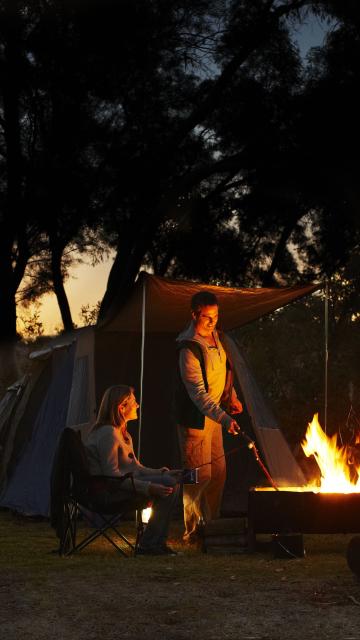 Group camping at night by a fire